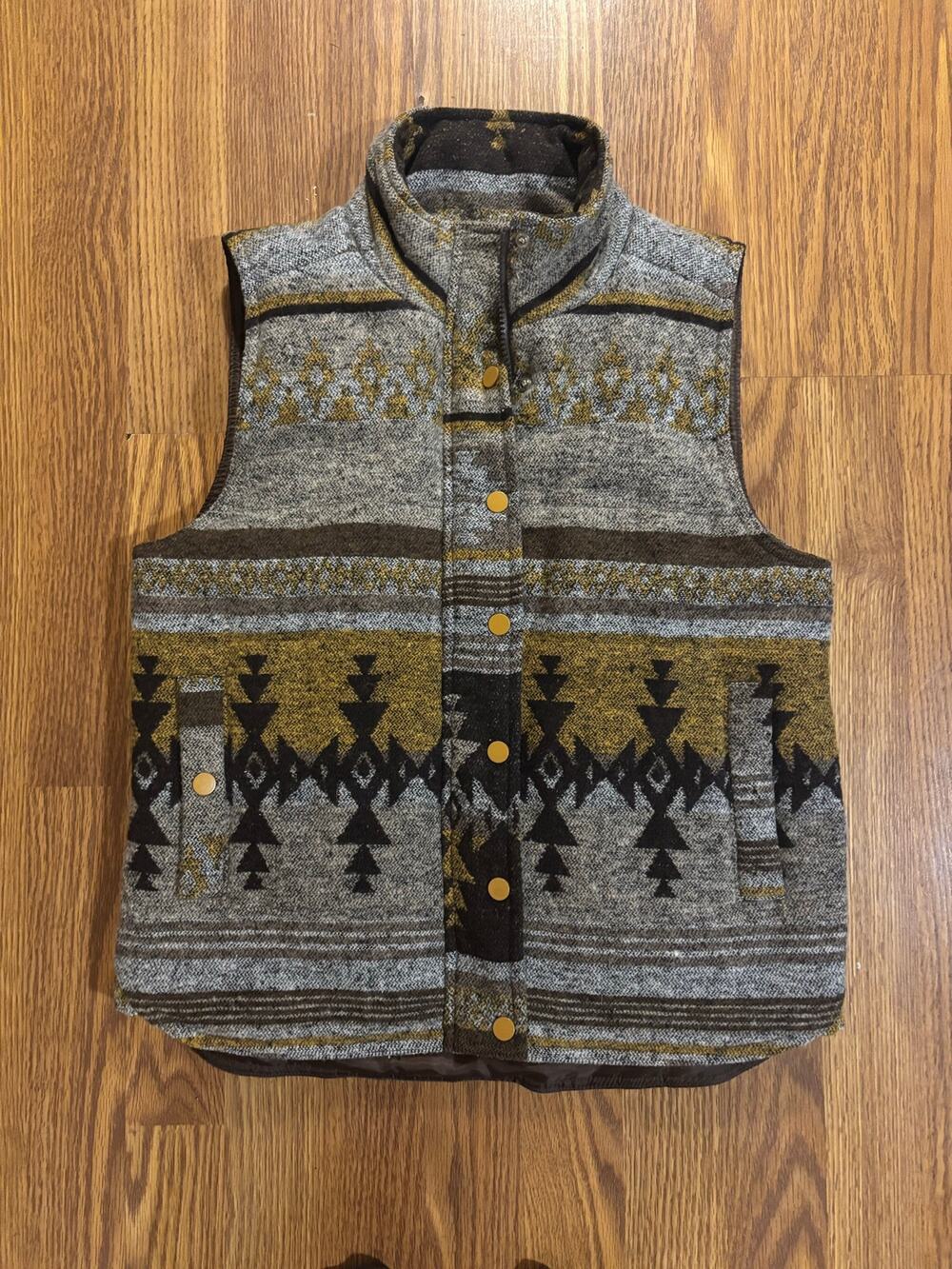 Gray Tribal Aztec Geometric Button-Down Outerwear Fall/ Winter Vest